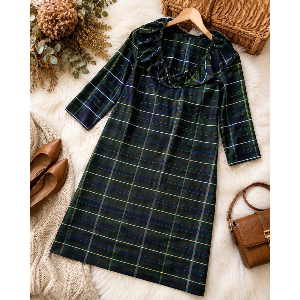 Devon Baer Silk Plaid Ruffle Neck Shift Dress Women’s Medium